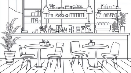 Interior cafe sketch, line art, furniture, plants, coffee machine