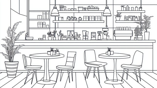 Interior cafe sketch, line art, furniture, plants, coffee machine