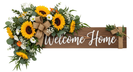Rustic Wooden Sign With "Welcome Home" Text Adorned With Sunflowers Daisies Eucalyptus And Burlap Bow Isolated On Transparent Background