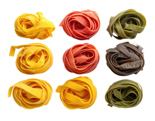 Nine colorful nests of dried pasta arranged in a grid, isolated on black