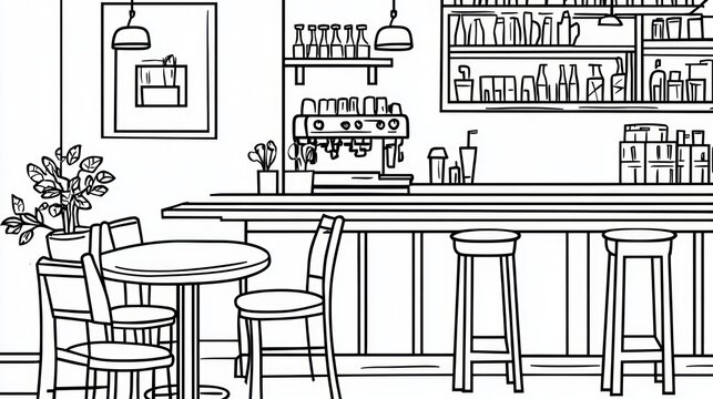 Interior cafe sketch, bar counter, tables, and chairs. Use Coloring book, educational material