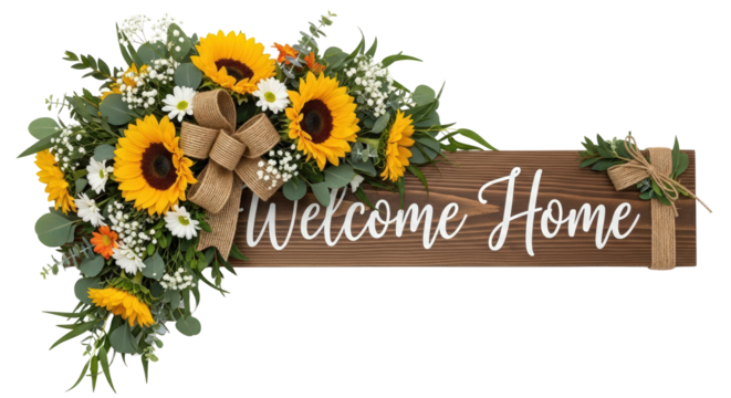 Rustic Wooden Sign With "Welcome Home" Text Adorned With Sunflowers Daisies Eucalyptus And Burlap Bow Isolated On Transparent Background