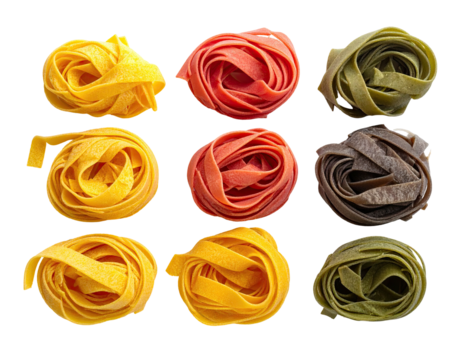 Nine colorful nests of dried pasta arranged in a grid, isolated on black