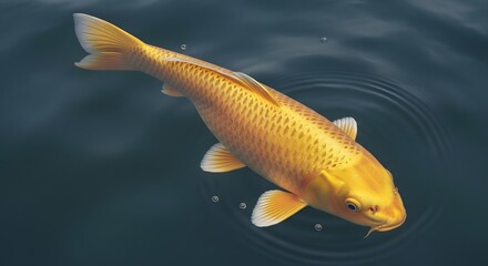 A vibrant golden fish swimming gracefully in calm water, showcasing its detailed scales and streamlined body in a peaceful aquatic environment