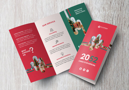 Corporate brochure design template &ndash; Professional modern tri-fold leaflet with geometric layout and business theme in Green and Red