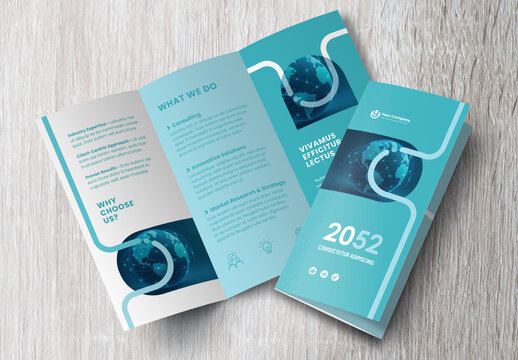 Corporate brochure design template &ndash; Professional modern tri-fold leaflet with geometric layout and business theme in Green and White