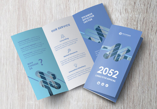 Corporate brochure design template &ndash; Professional modern tri-fold leaflet with geometric layout and business theme in Blue and White