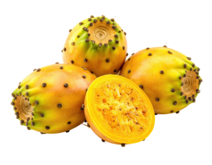 Four yellow-orange oval fruits, one halved, displaying textured surfaces and small dots