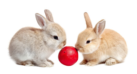 Obraz premium two adorable baby rabbits with red ball, isolated on transparent background