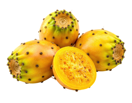 Four yellow-orange oval fruits, one halved, displaying textured surfaces and small dots