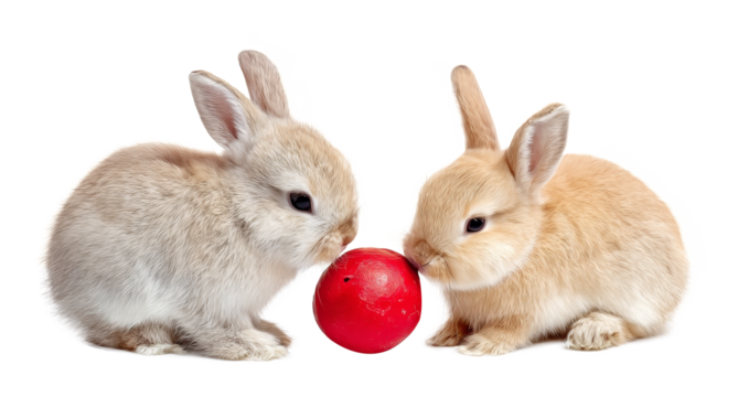 two adorable baby rabbits with red ball, isolated on transparent background