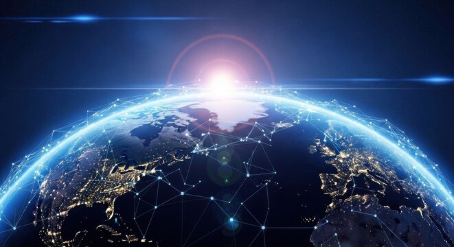 Earth viewed from space showcasing bright sunrise over the horizon with connected digital networks highlighting human presence