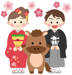 着物を着て挨拶をする男の子と女の子と馬・午の2026年年賀状イラスト