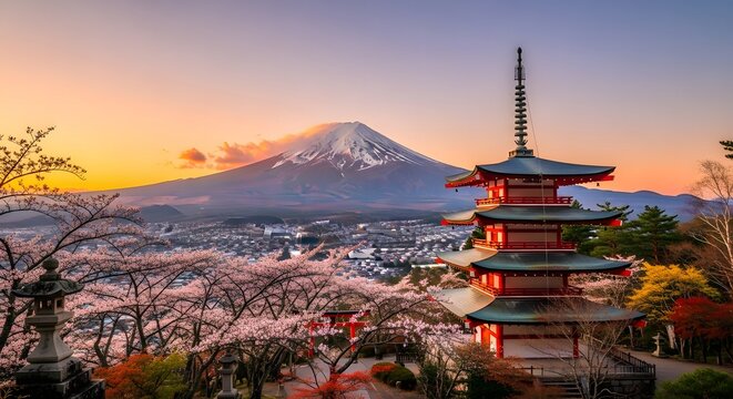 Traditional Japanese pagoda with Mount Fuji in background, sunrise golden light, autumn maple leaves, cinematic photography, ultra-realistic