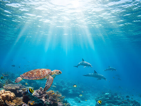 Underwater Coral Reef with Sea Turtle & Tropical Fish.Vibrant underwater panorama showcasing coral reef with diverse fish, sea turtle. Colorful marine life thrives in sunlit ocean - Powered by Adobe
