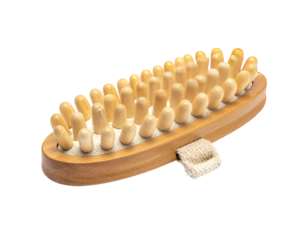 A wooden massage brush with cylindrical nubs, light canvas and a woven loop