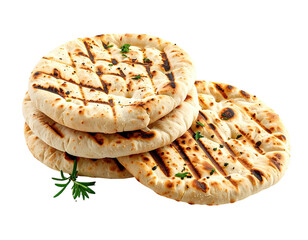 Stacked grilled flatbreads with grill marks and parsley garnish, isolated