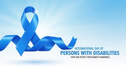A blue awareness ribbon for the International Day of Persons with Disabilities. A symbol of hope, respect, and support for inclusion. Awareness campaign graphic with copy space