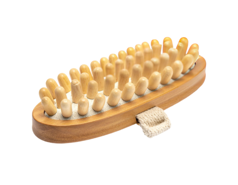 A wooden massage brush with cylindrical nubs, light canvas and a woven loop