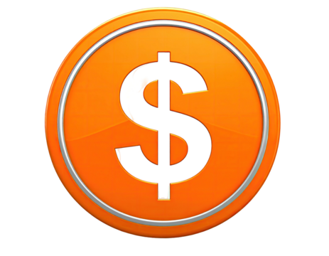 Glossy orange and silver circular badge featuring a black dollar sign