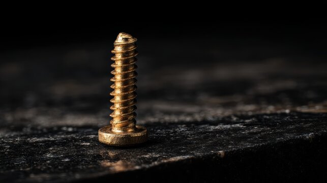 Close-up of a single gold screw on a dark, textured surface
