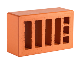 A textured, rectangular clay construction unit, with hollows, isolated on black