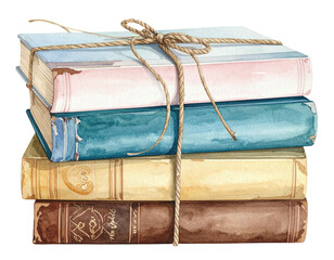 Stack of vintage books, tied with twine, rendered in soft watercolor hues