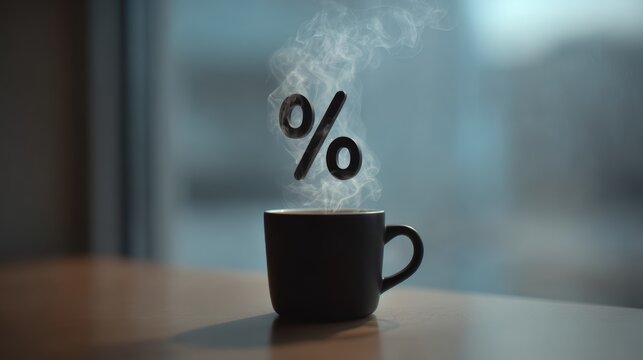 Coffee cup with percentage symbol floating above, financial concept