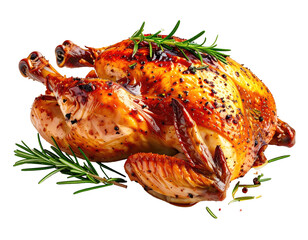 A glistening, roasted whole bird, seasoned with herbs, on a transparent background