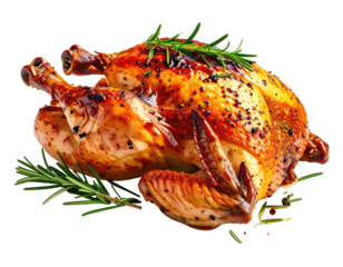 A glistening, roasted whole bird, seasoned with herbs, on a transparent background