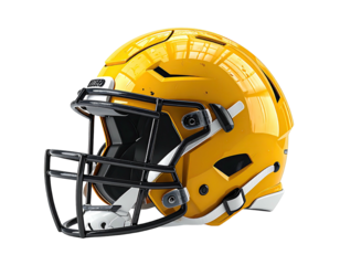 Isolated shiny golden football helmet with black facemask, perspective view