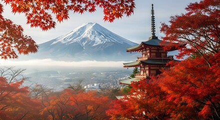 Mount Fuji and Japanese temple surrounded by red maple trees, morning mist, serene atmosphere, travel destination stock photo