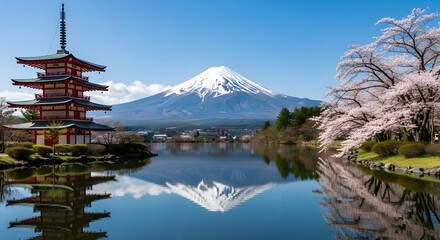 Beautiful Mount Fuji view with traditional pagoda and cherry blossoms, spring season, clear blue sky, perfect symmetry