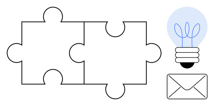 Two connecting puzzle pieces, a glowing light bulb, and an envelope convey collaboration, innovation, creativity, teamwork, problem-solving, idea exchange and communication. Ideal for teamwork - Powered by Adobe