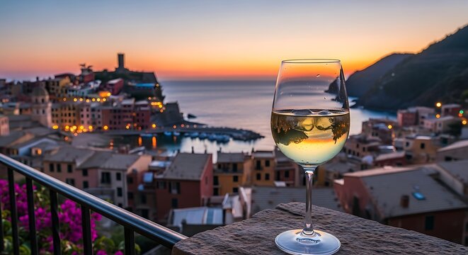 Indulge in the Italian Dream: White Wine at Sunset Over Picturesque Vernazza Village. Perfect for Travel, Lifestyle, and Food and Beverage Marketing.
