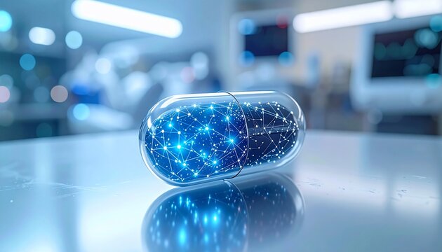 Digital Pill with Brain Network Inside with Healthcare, Medicine, and Futuristic Concept.