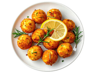 A plate of golden, fried, spherical appetizers with lemon and rosemary garnish