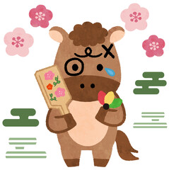 羽子板をするかわいい馬・午年の2026年年賀状アイコンイラスト