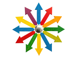 Colorful arrows radiate from a central sphere against a stark black background