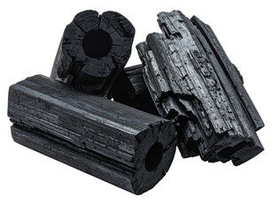 Close-up of charcoal logs, textured and porous, on a black background