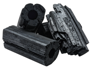 Close-up of charcoal logs, textured and porous, on a black background