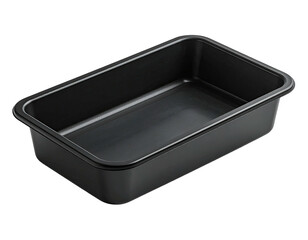 A rectangular, empty, black metal baking pan, viewed at a slight angle on black