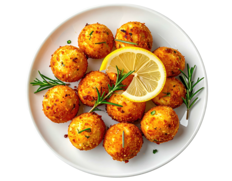 A plate of golden, fried, spherical appetizers with lemon and rosemary garnish