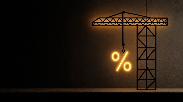 Conceptual image of a crane lifting a glowing percentage symbol