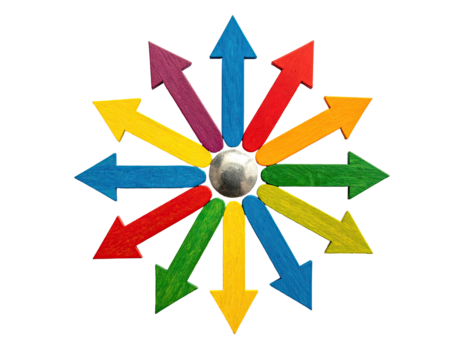 Colorful arrows radiate from a central sphere against a stark black background