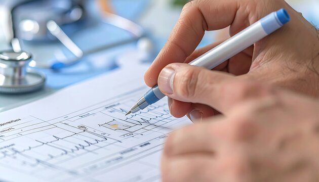 Doctors hand examining an electrocardiogram chart with pen with healthcare concept.