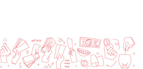 Abstract red and white sketch of a busy urban scene stylized, abstract line drawing in red and white depicts a bustling city street with buildings, trees, and figures.