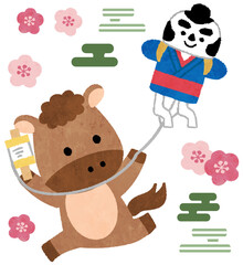 凧あげをするかわいい馬・午年の2026年年賀状アイコンイラスト
