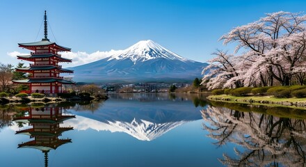 Beautiful Mount Fuji view with traditional pagoda and cherry blossoms, spring season, clear blue sky, perfect symmetry