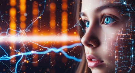 Young girl with glowing blue eyes and digital effects showcasing futuristic technology and innovation in a vibrant environment